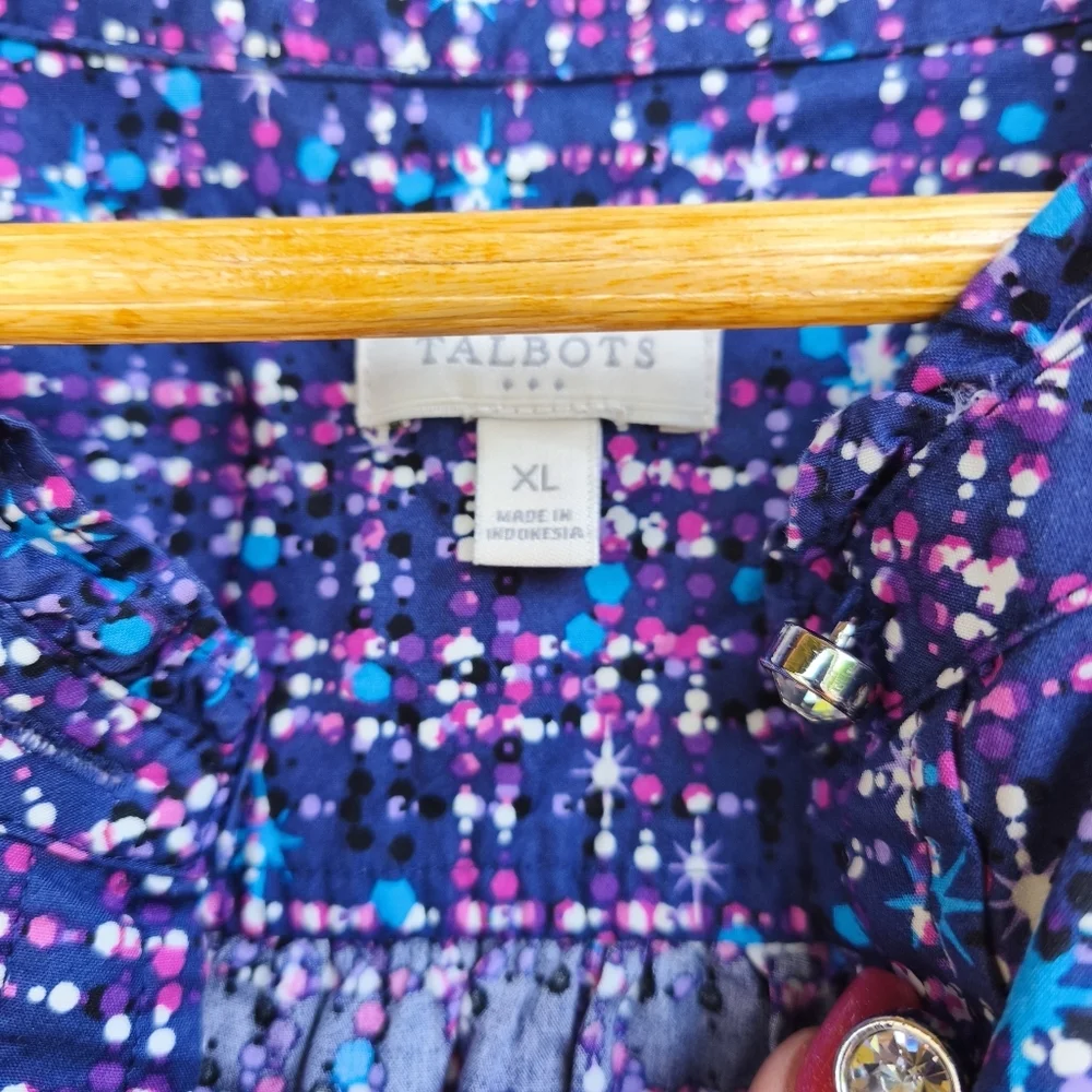 Talbots Geometric Rhinestone Button Ruffle Popover sz XL Purple Chic Office - Picture 6 of 11